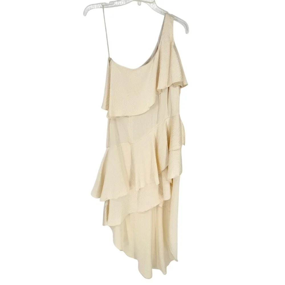 Haney Rae Silk One Shoulder Asymmetrical Tiered Midi Dress Ivory Size 4 Cocktail